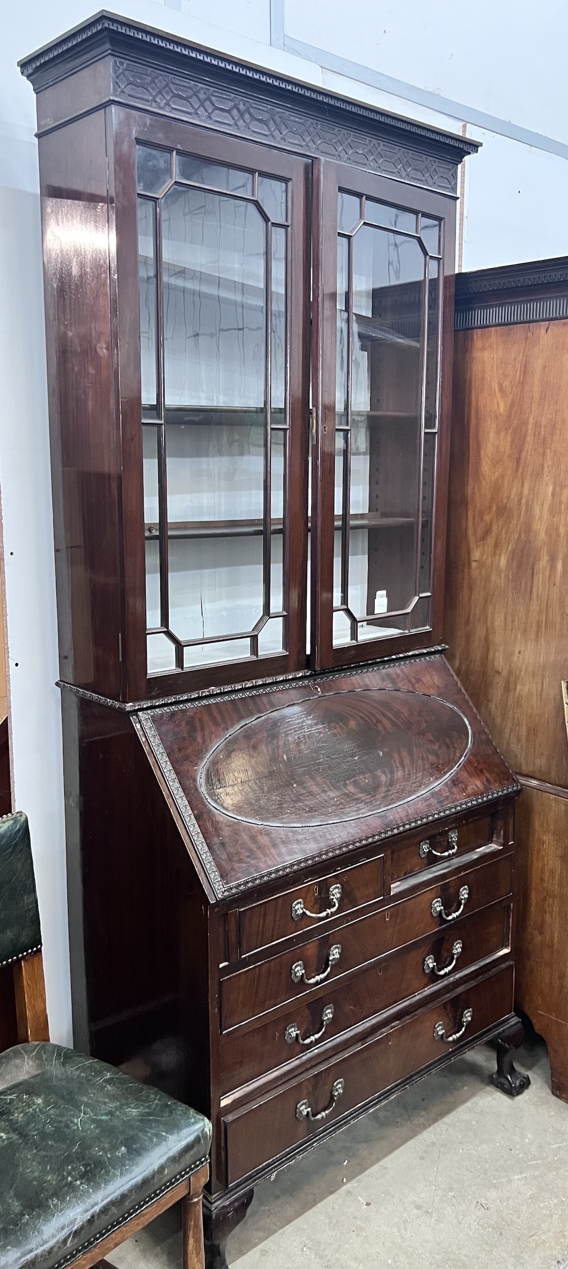 An early 20th century Chippendale revival mahogany bureau bookcase, width 92cm, depth 52cm, height 218cm